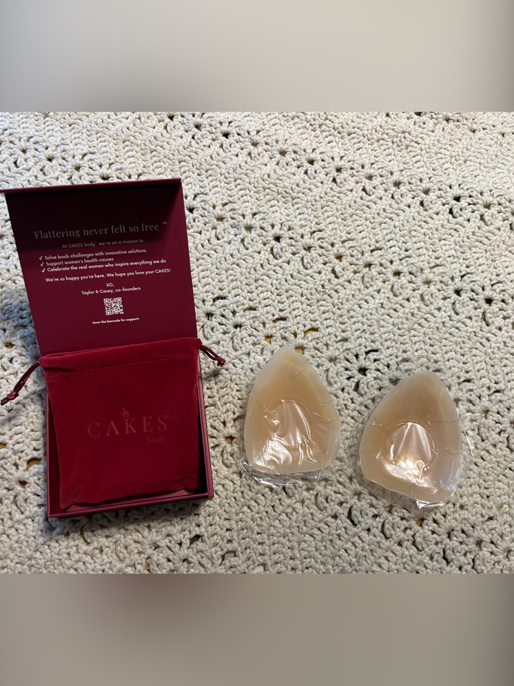 CAKES Nude Adhesive Bra Cups with Burgundy Velvet Pouch